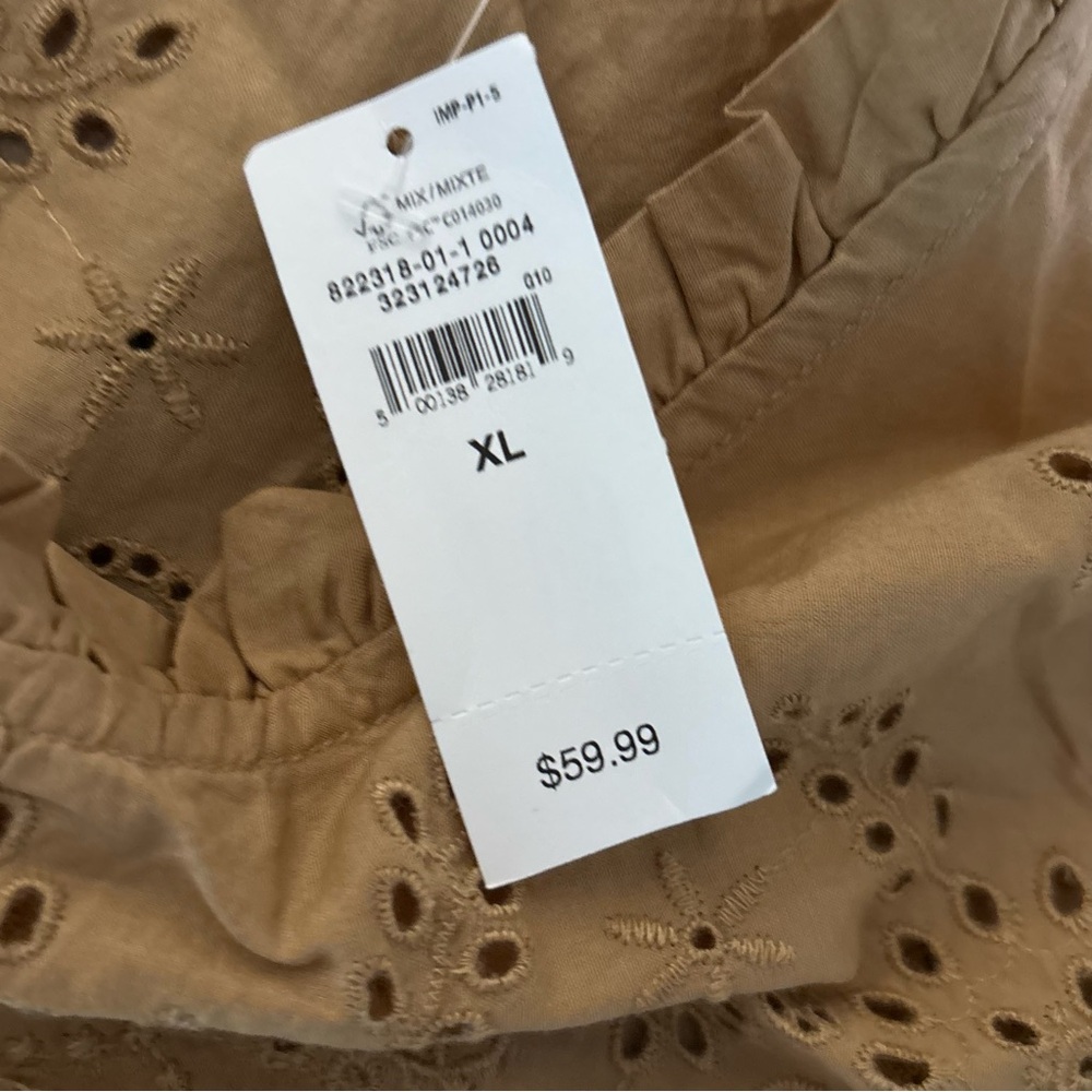 GAP Relaxed Puff Sleeve Eyelet Ruffle Elbow Sleeve Cotton Top in Tan, XL NWT - Picture 5 of 8